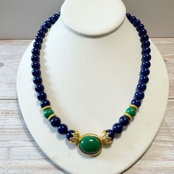 Vintage Avon Blue Green Gold Bead Necklace Rhinestone & Cabochon Center 20" - Picture 7 of 10
